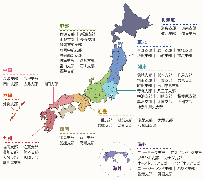 北海道は、道央支部　道南支部　道北支部　道東支部　東北地方は、青森支部　岩手支部　宮城支部　秋田支部　山形支部　福島支部　関東地方は、茨城支部　栃木支部　群馬支部　埼玉支部　千葉支部　東京支部　町田支部　玉川学園支部　青梅支部　八王子支部　横浜支部　川崎支部　相模原支部　厚木支部　湘南支部　西湘支部　神奈川県央支部　中部地方は、佐渡支部　新潟支部　山梨支部　長野支部　静岡東部支部　静岡中部支部　静岡西部支部　岐阜支部　愛知支部　富山支部　石川支部　福井支部　近畿地方は、三重支部　滋賀支部　京都支部　大阪支部　兵庫支部　奈良支部　和歌山支部　中国地方は、鳥取支部　島根支部　岡山支部　広島支部　山口支部　四国地方は、徳島支部　香川支部　愛媛支部　高知支部　九州地方は、福岡支部　佐賀支部　長崎支部　熊本支部　大分支部　宮崎支部　鹿児島支部　沖縄は、沖縄支部　海外は、ニューヨーク支部　ロスアンゼルス支部　ブラジル支部　カナダ支部　オーストラリア支部　インドネシア支部　ニュージーランド支部　ハワイ支部　香港支部　韓国支部